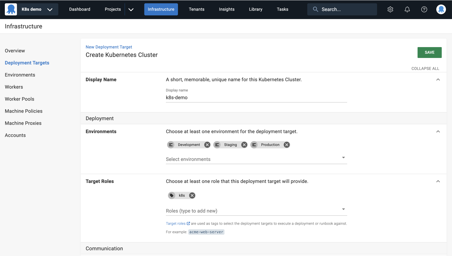 User interface for setting up a Kubernetes Cluster deployment target.