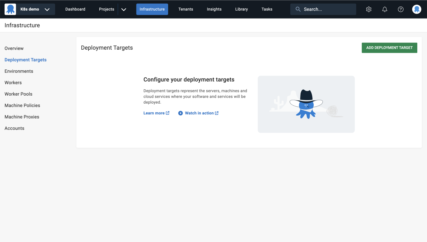 Deployment targets page with no targets added.