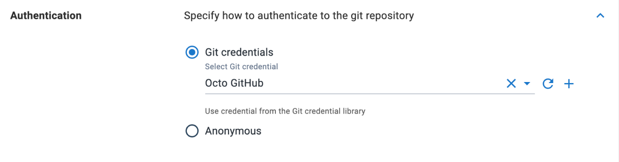 Authentication expander with a Git repository selected