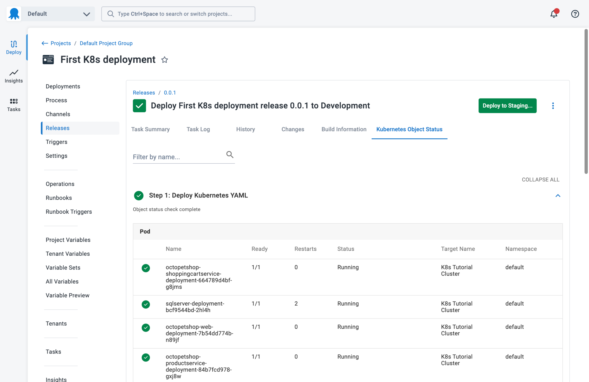 Kubernetes Object Status dashboard showing a successful deployment