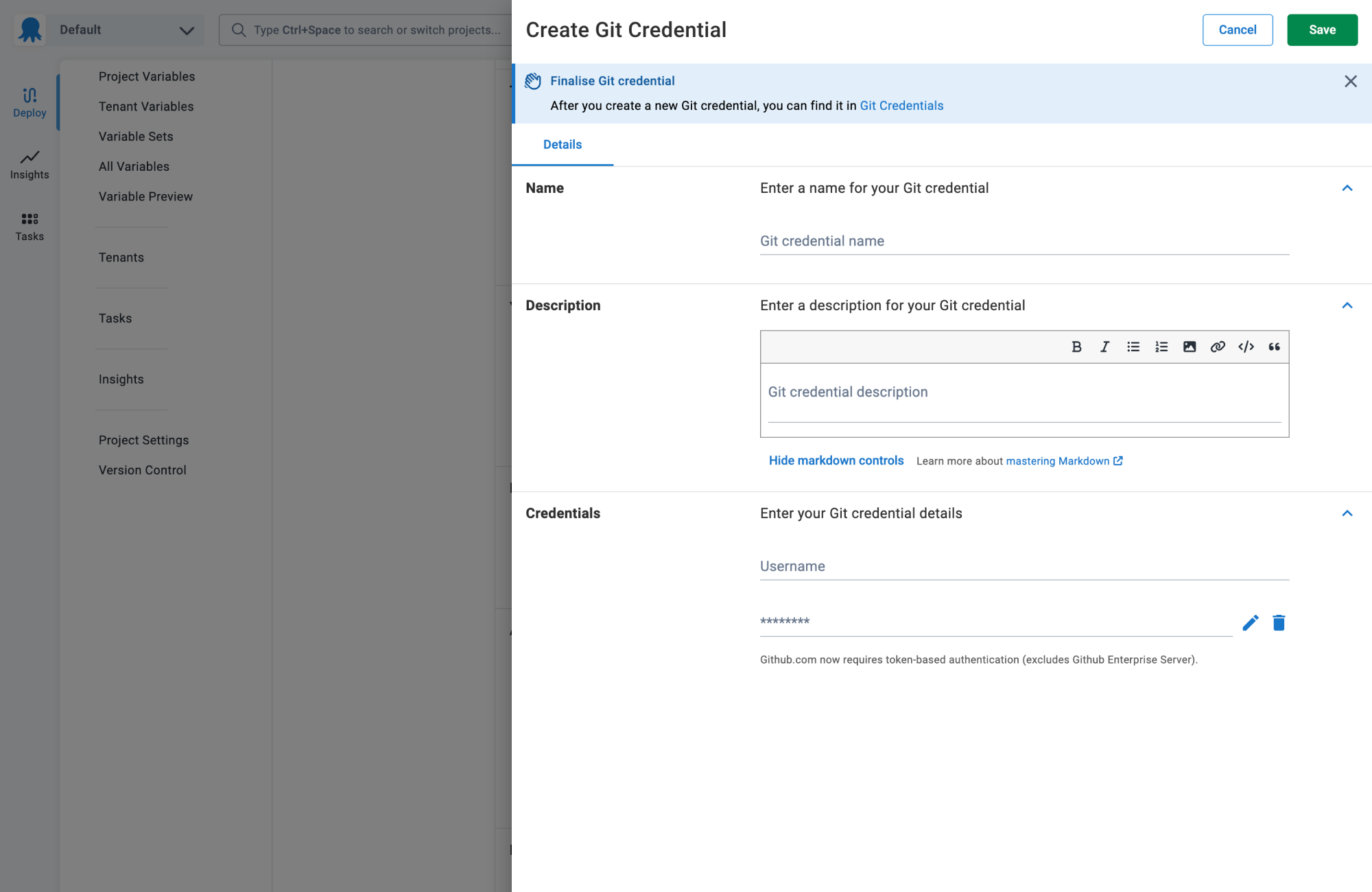 A drawer interface where users can configure Git credentials