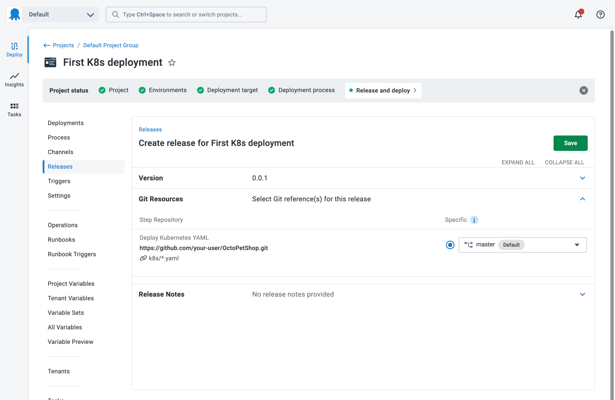 Release summary showing Git resources