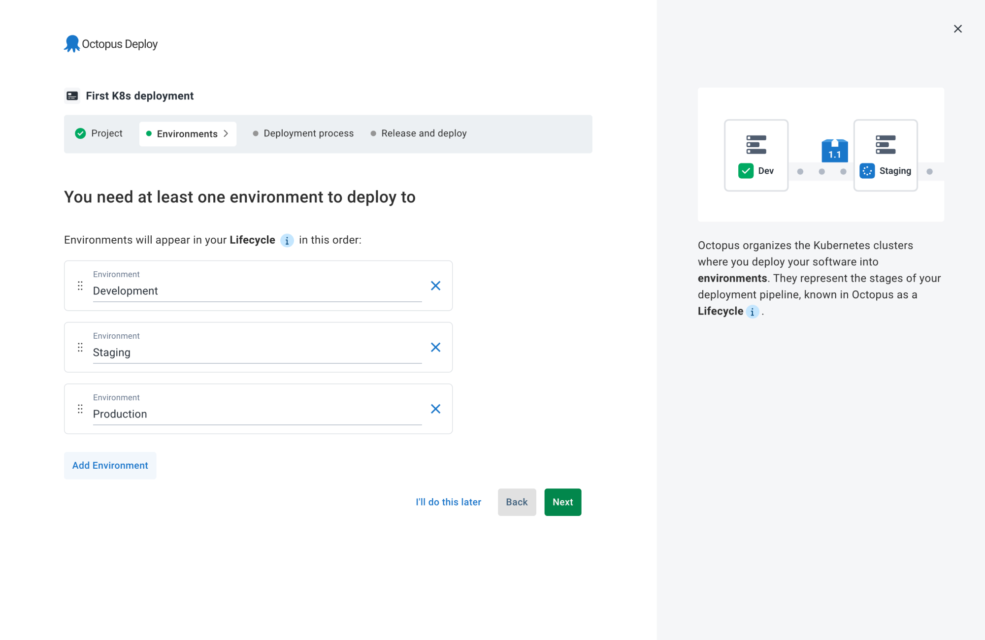 Environment selection options and deployment lifecycle visuals