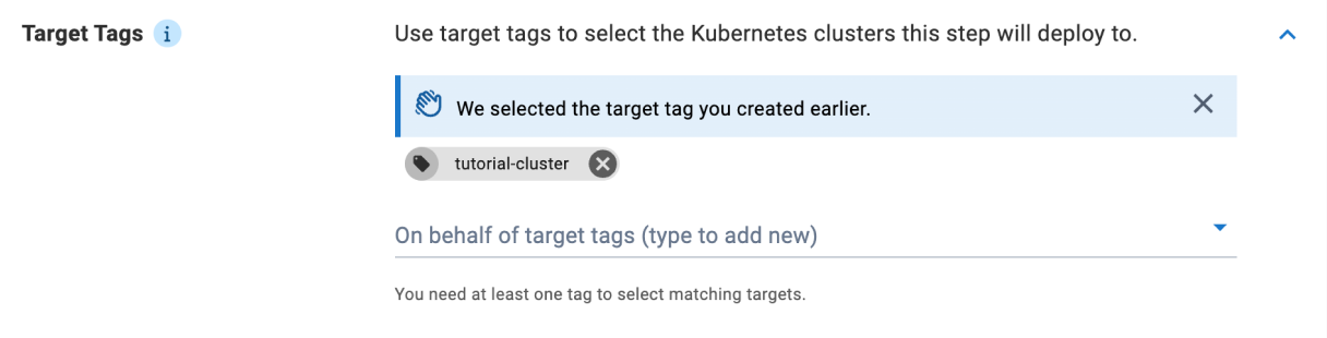 Target tags expander with tutorial-cluster tag selected