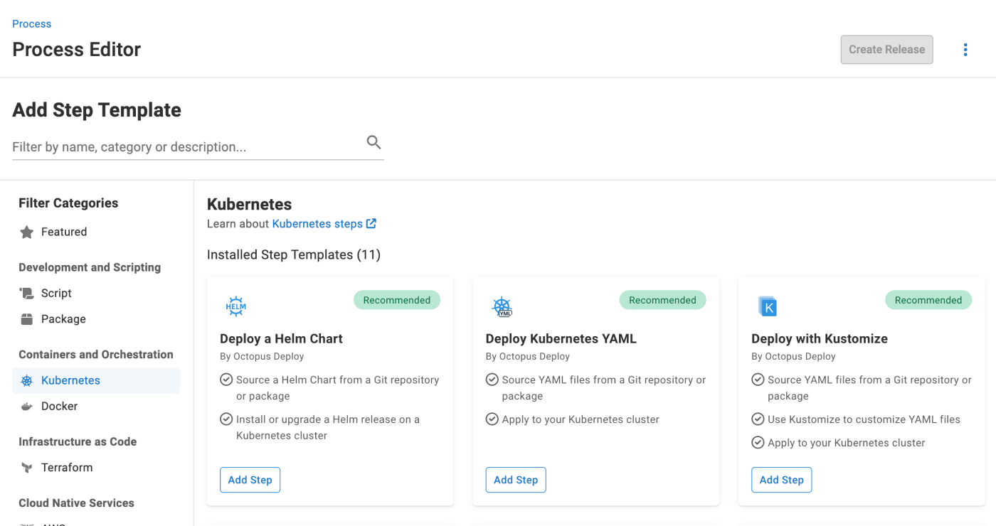 Kubernetes steps in the Octopus Deploy process editor.