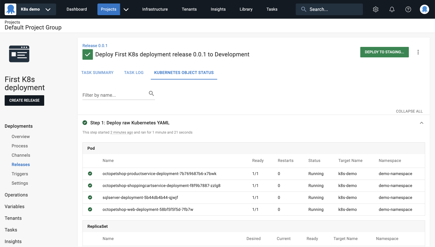 Kubernetes Object Status dashboard showing a successful deployment.