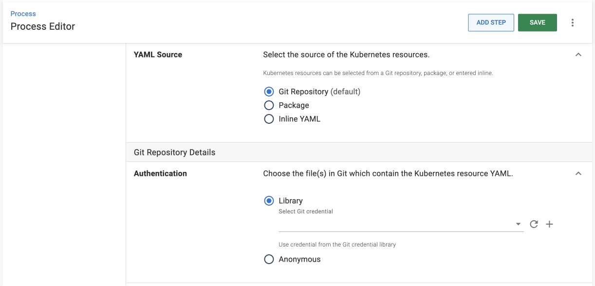 YAML source expander with Git repository selected