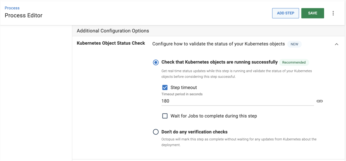 Kubernetes object status check expander with the default option and timeout selected.