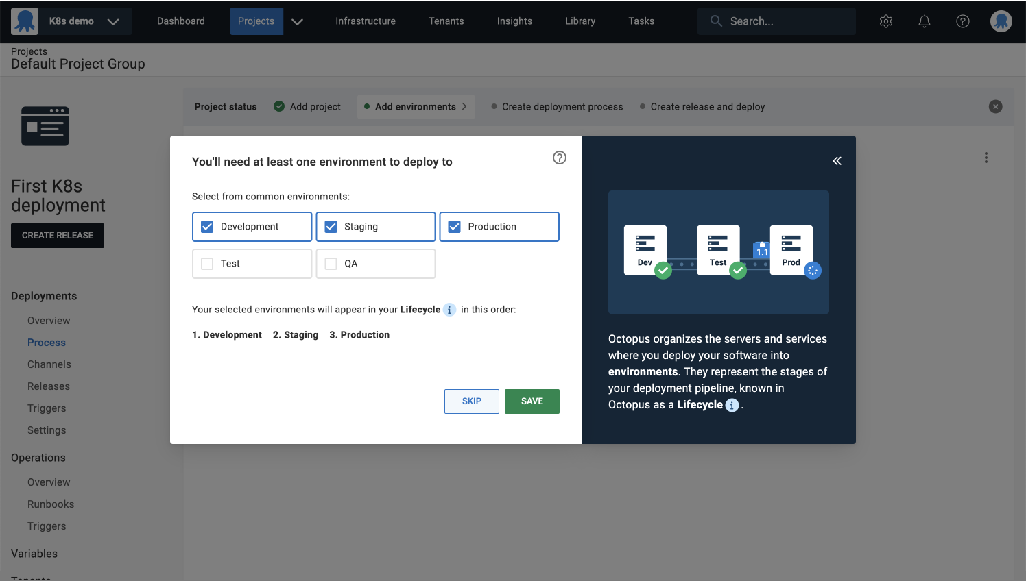 Environment selection options and deployment lifecycle visuals