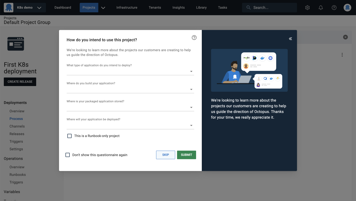 Octopus Deploy interface displaying a questionnaire