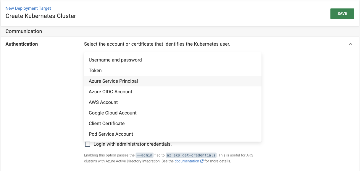 Authentication methods for a Kubernetes Cluster deployment with various account options.