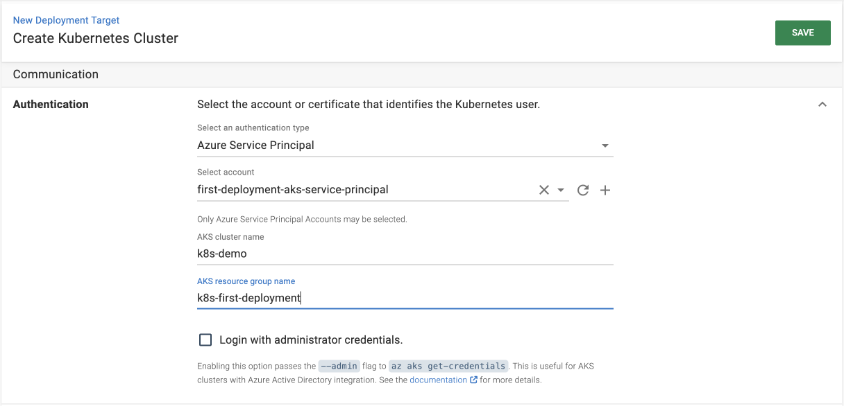 Kubernetes authentication details, including Azure Service Principal and cluster information.