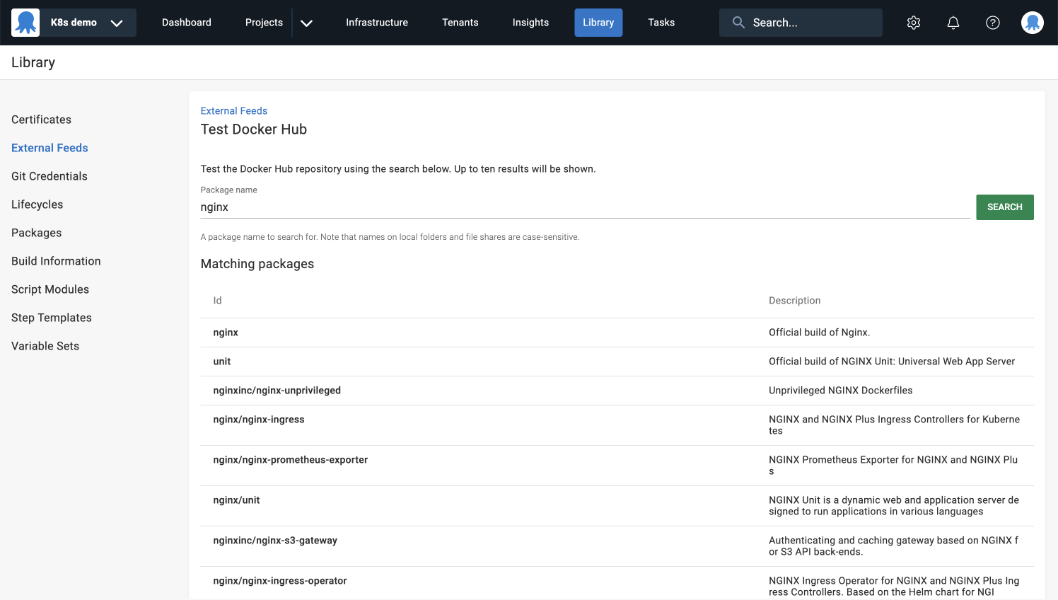 A search interface in Octopus to test the Docker Hub repository.