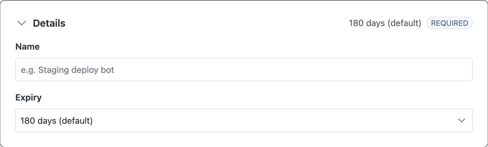 The Details section, with the Name field and the Expiry dropdown set to 180 days (default)