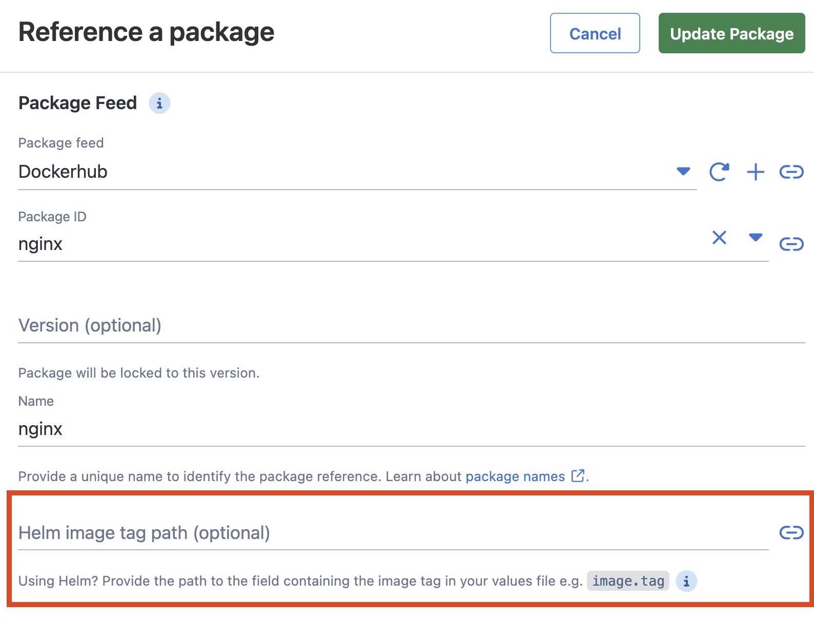 The Helm image tag path field in the Reference a package drawer