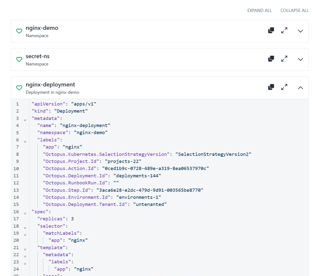 A screenshot of the Kubernetes Applied Manifests manifests list
