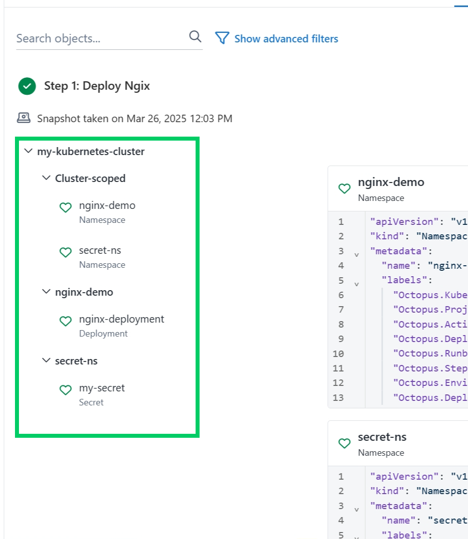 A screenshot of the Kubernetes Applied Manifests navigation tree