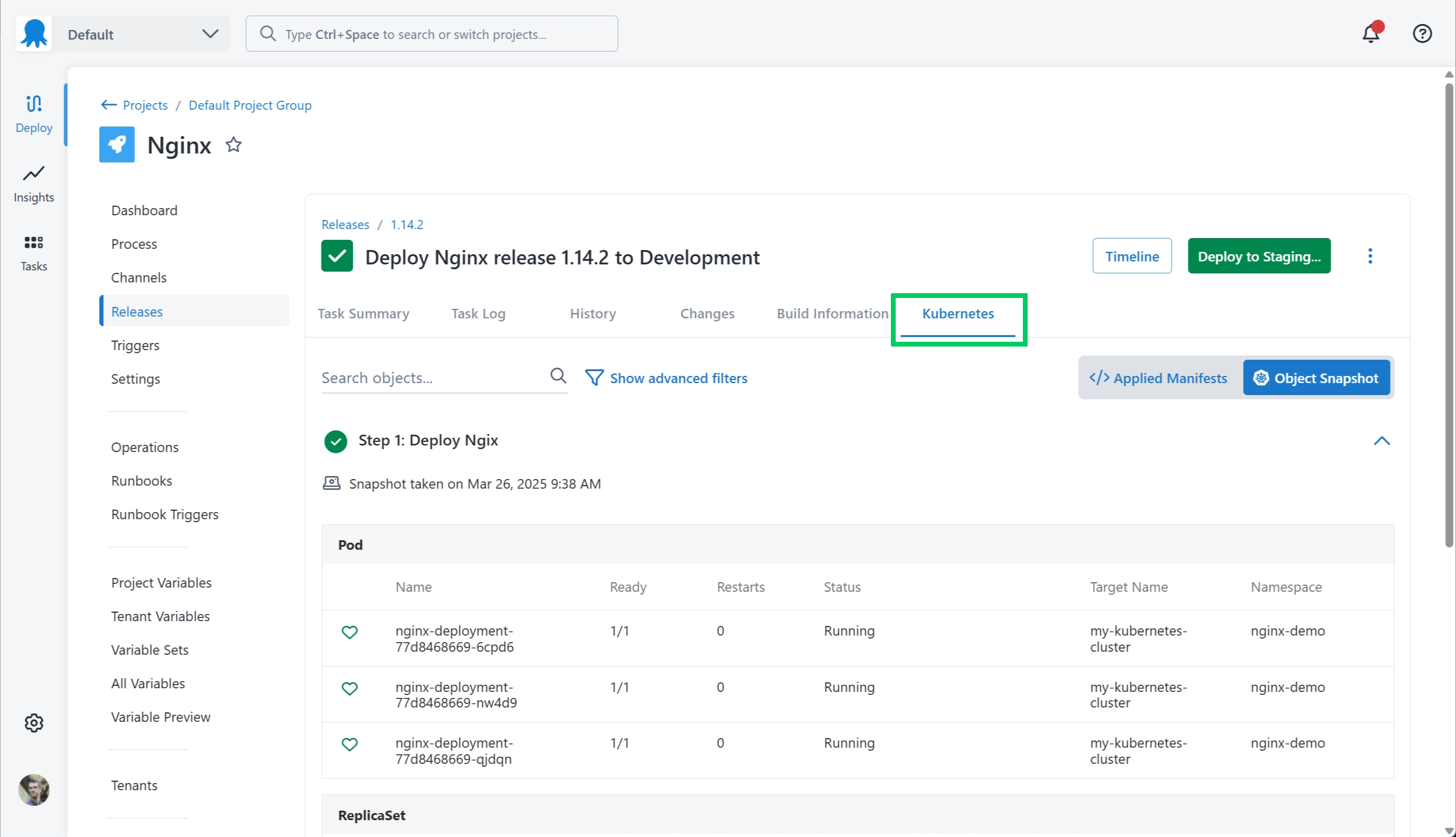 A screenshot of the Kubernetes Object Status tab
