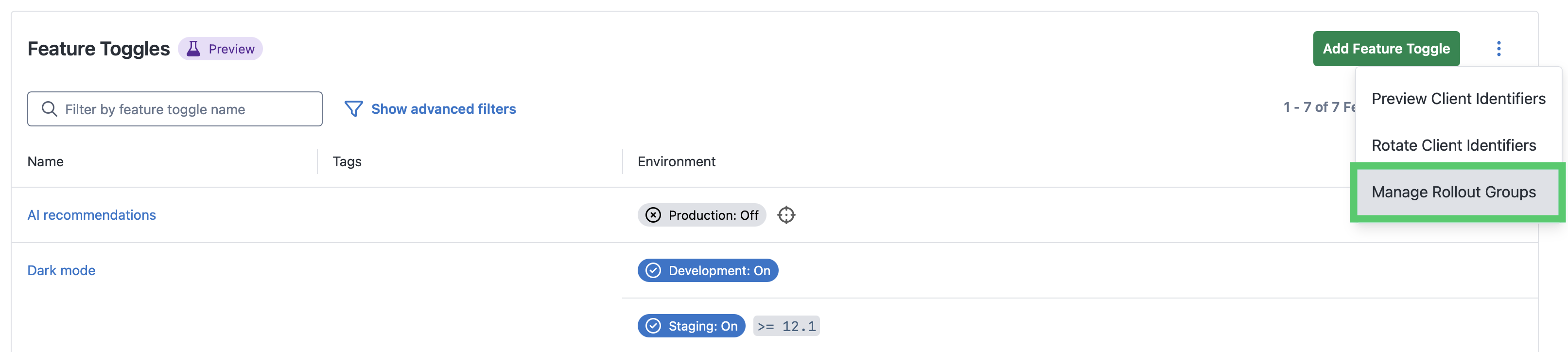 Screenshot of feature toggle list page with overflow menu expanded highlighting the manage rollout groups button