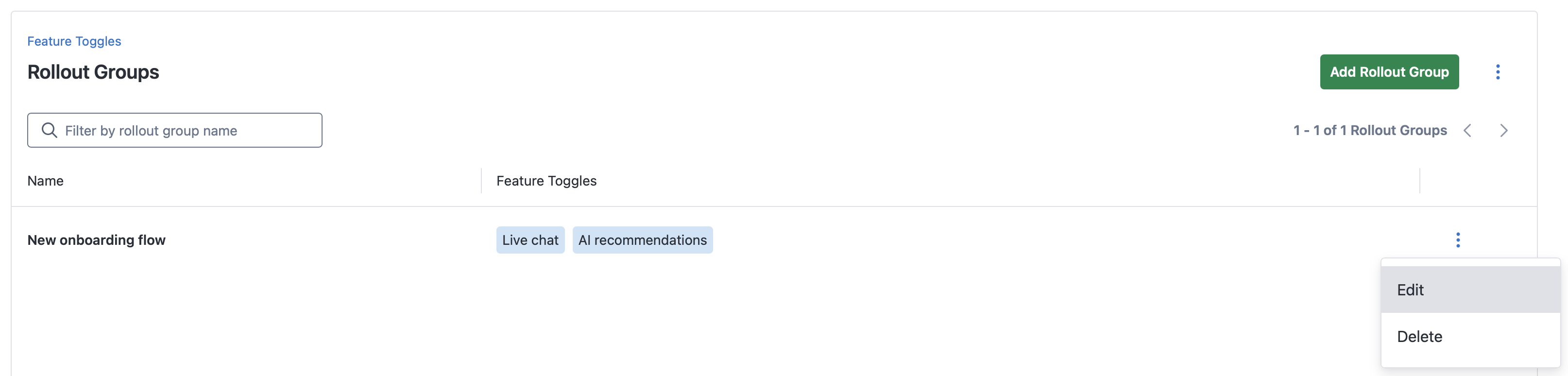 Screenshot of rollout group list page with a single rollout group named new onboarding flow, used by the live chat and AI recommendations feature toggles, with the overflow menu expanded and showing edit and delete options
