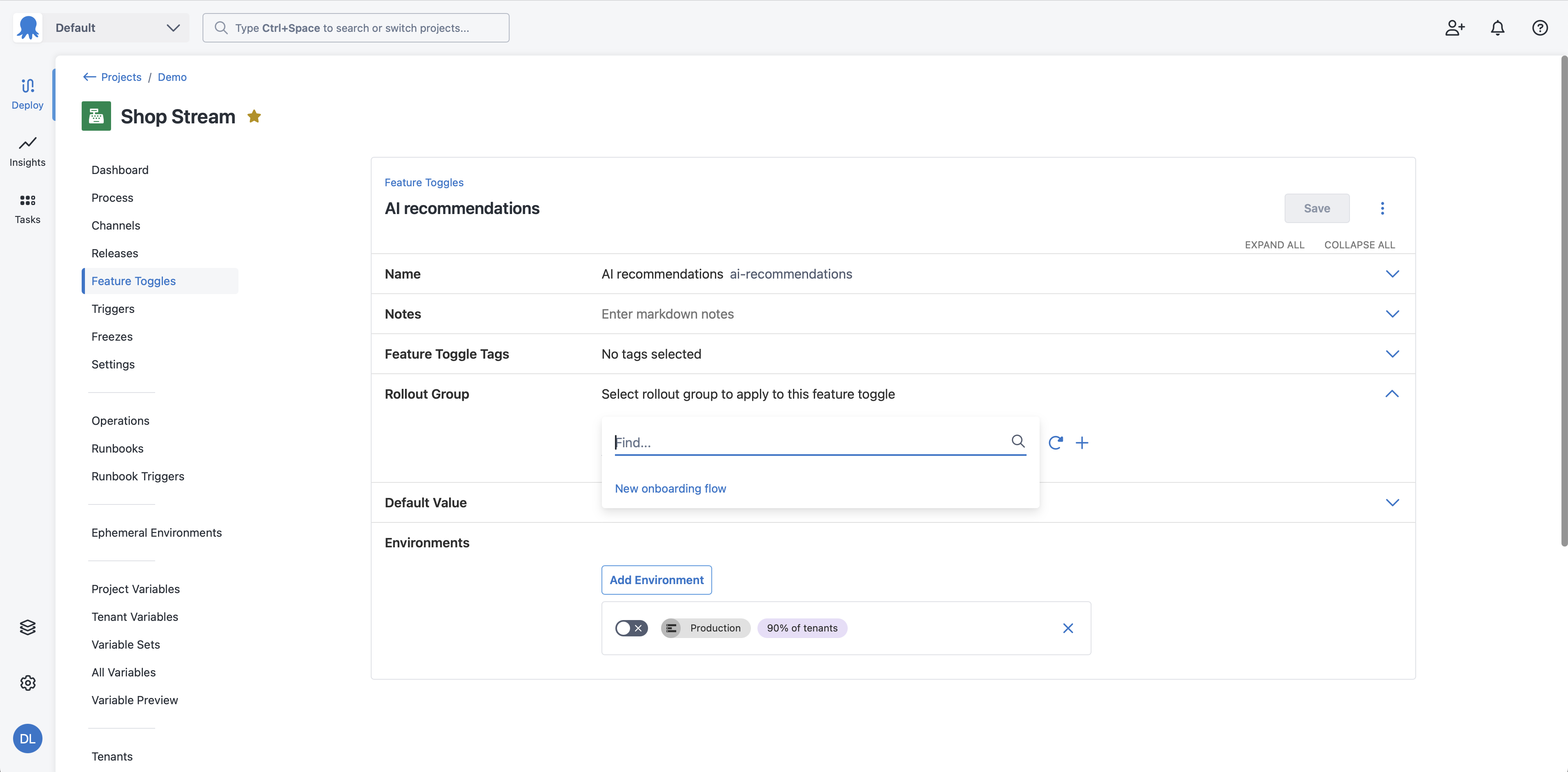 Screenshot of feature toggle page showing rollout group selector expanded with new onboarding flow group selected