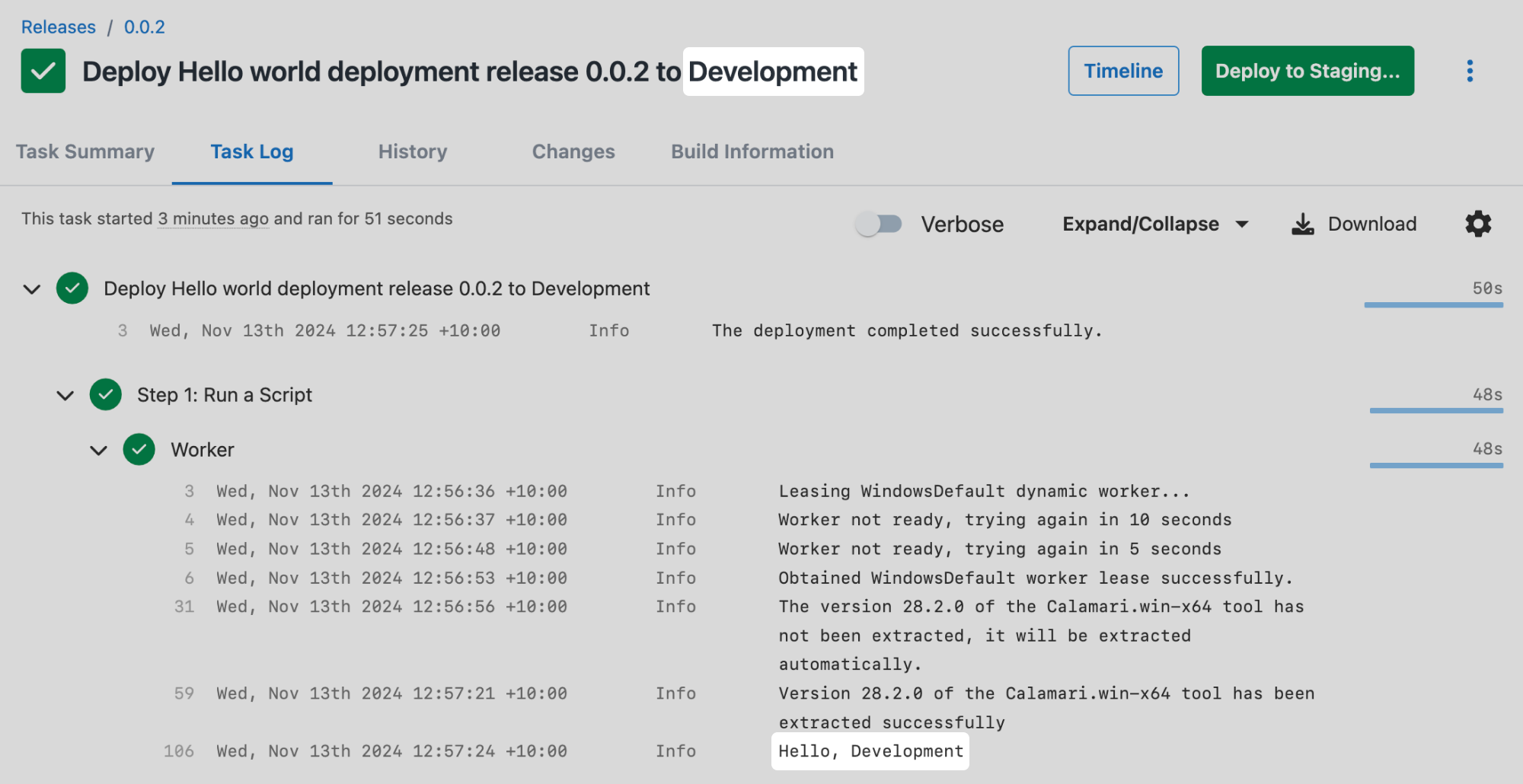 The results of the hello world deployment with variables