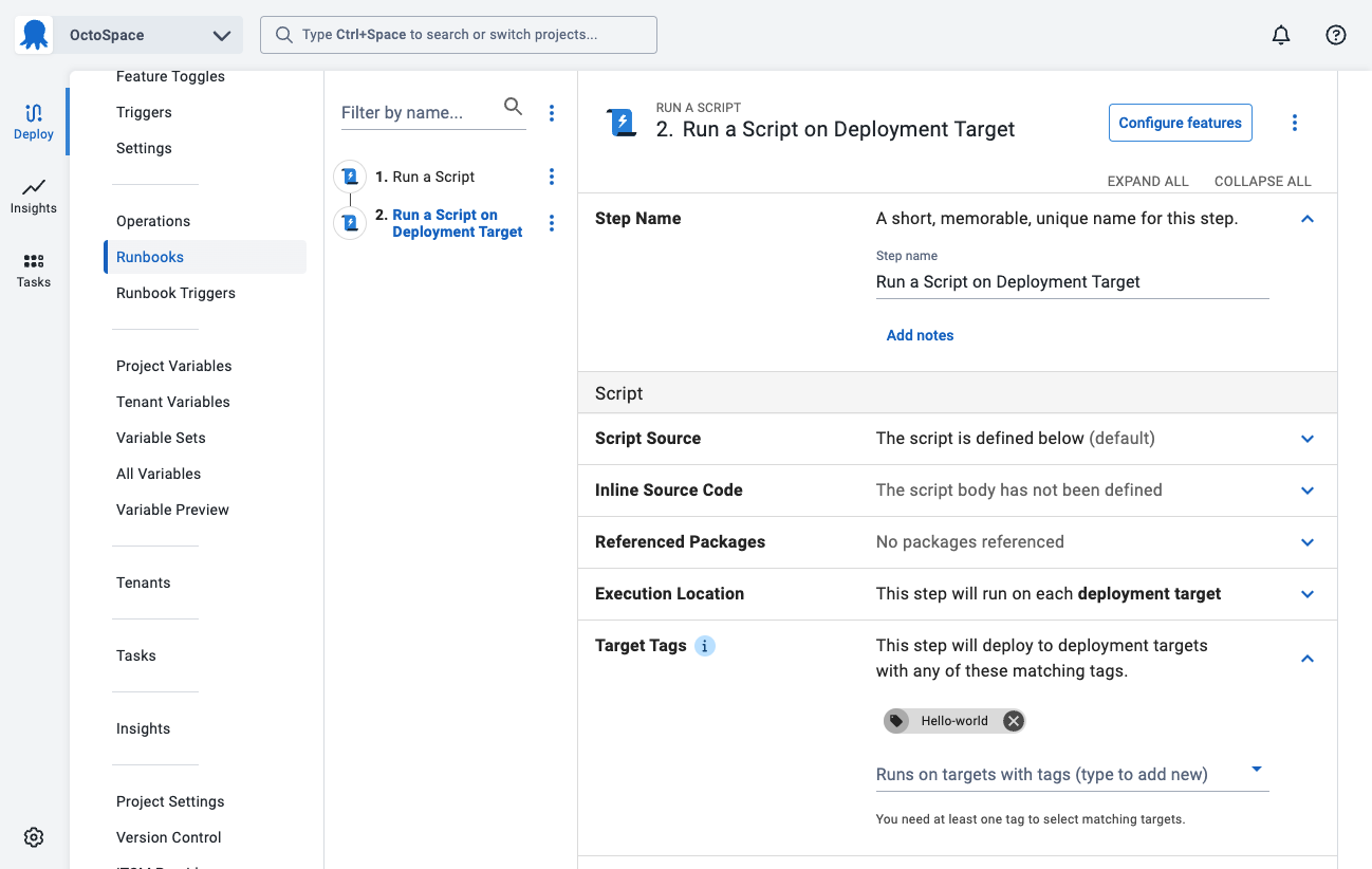 Changing the script step to run on a deployment target