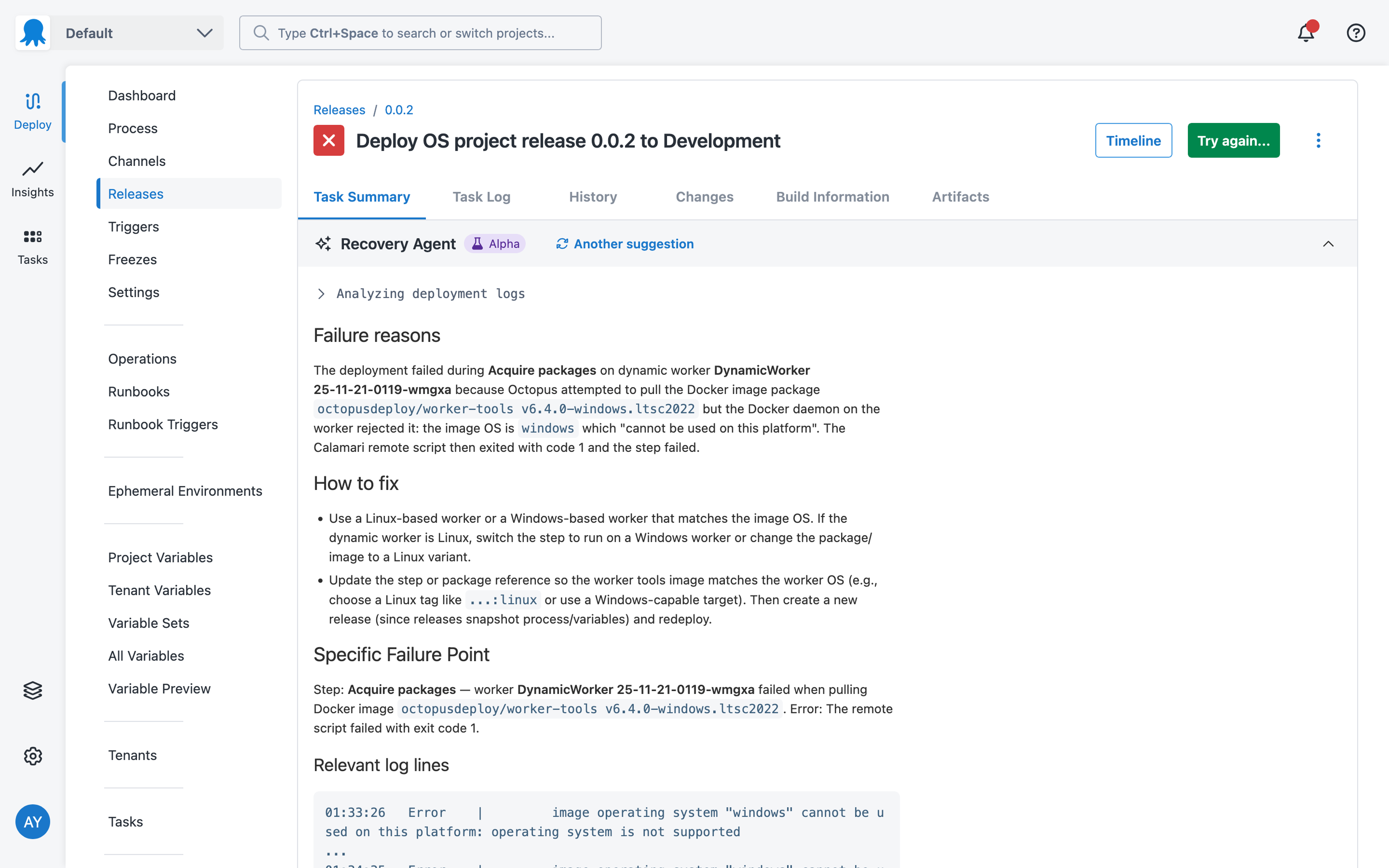 A screenshot of Octopus Deploy's Recovery Agent showing suggestions on how to fix a deployment failure