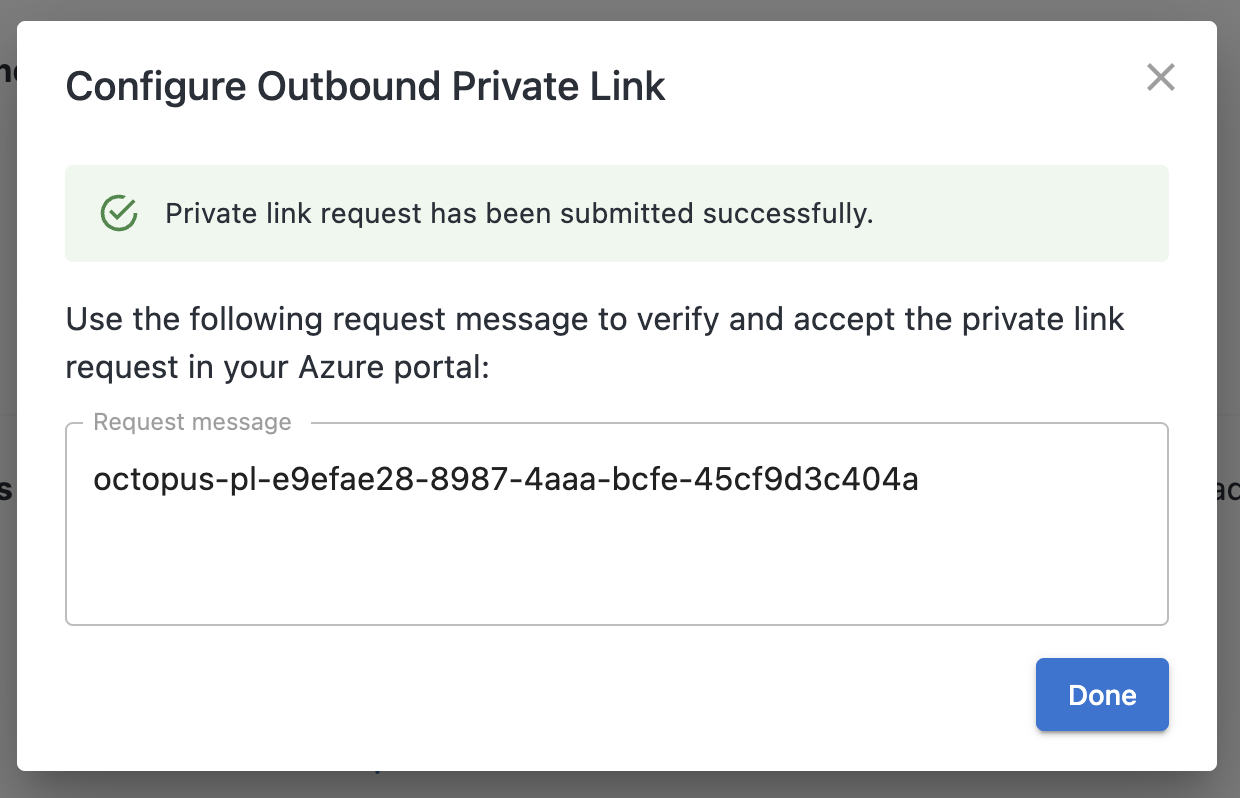A screenshot of the Control Center outbound private links configuration UI showing the request message after submitting an alias