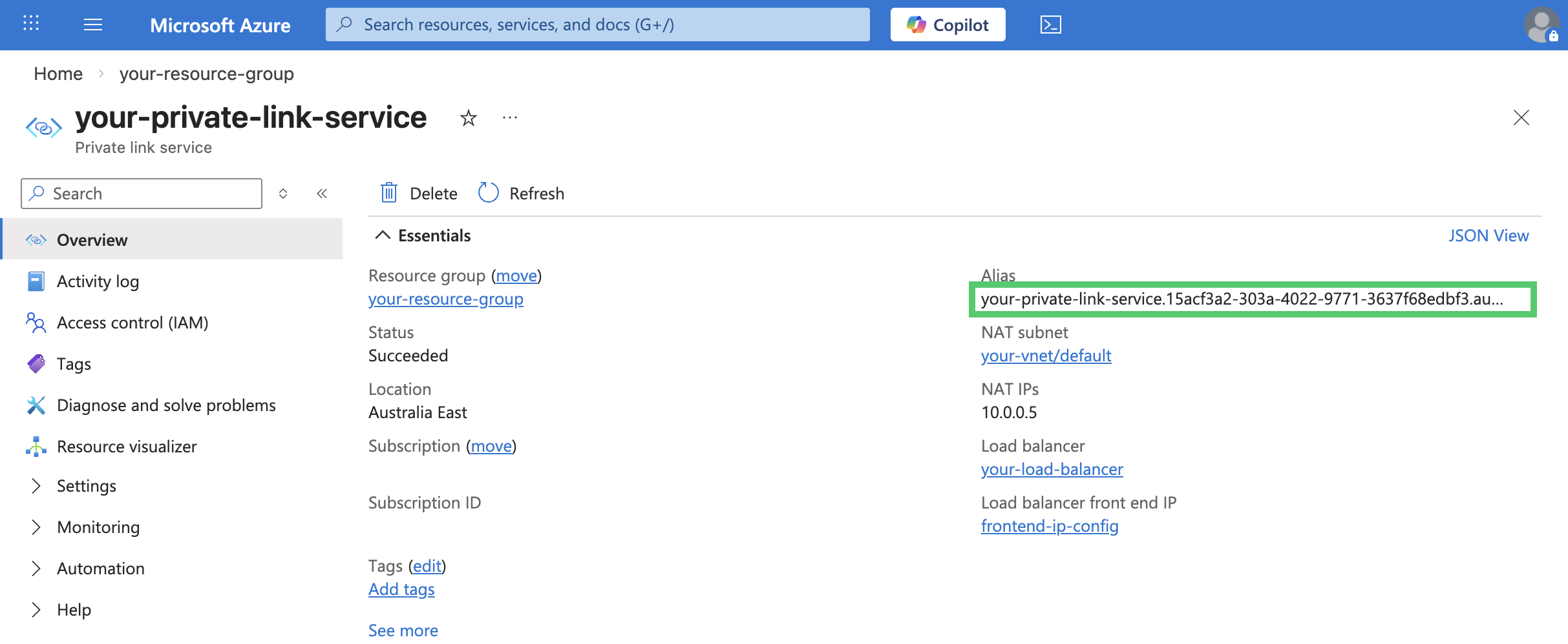 A screenshot of a Private Link Service in the Azure Portal showing where the alias is