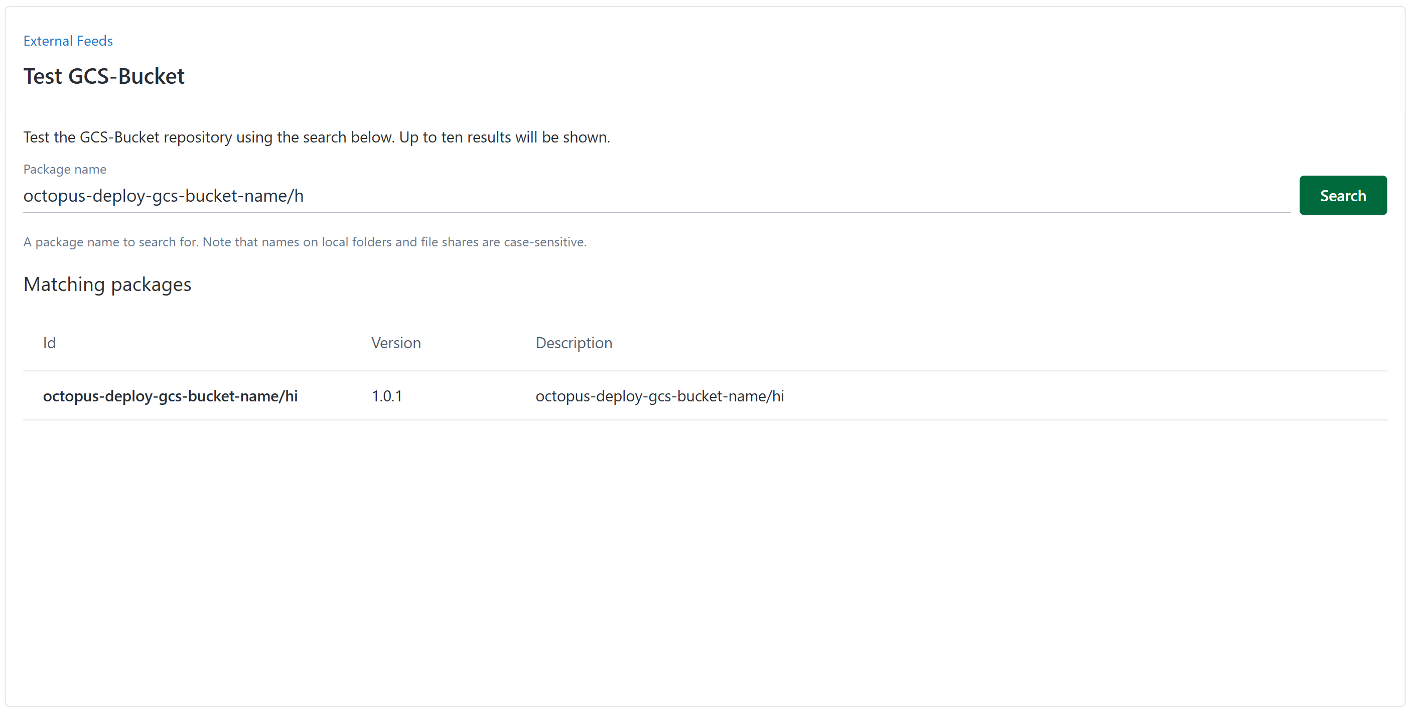 Google Cloud Storage feed test page showing package search results