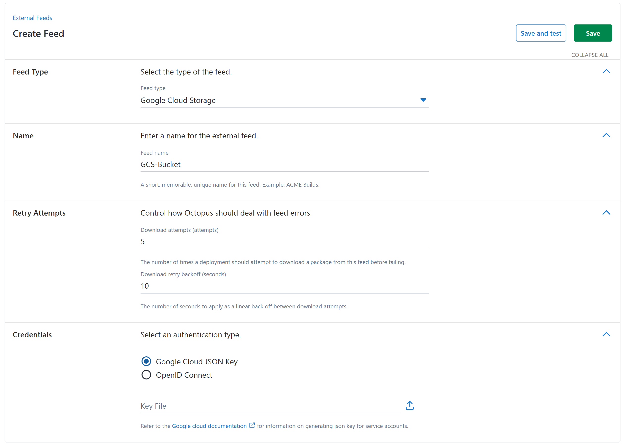 Google Cloud Storage feed configuration showing authentication options