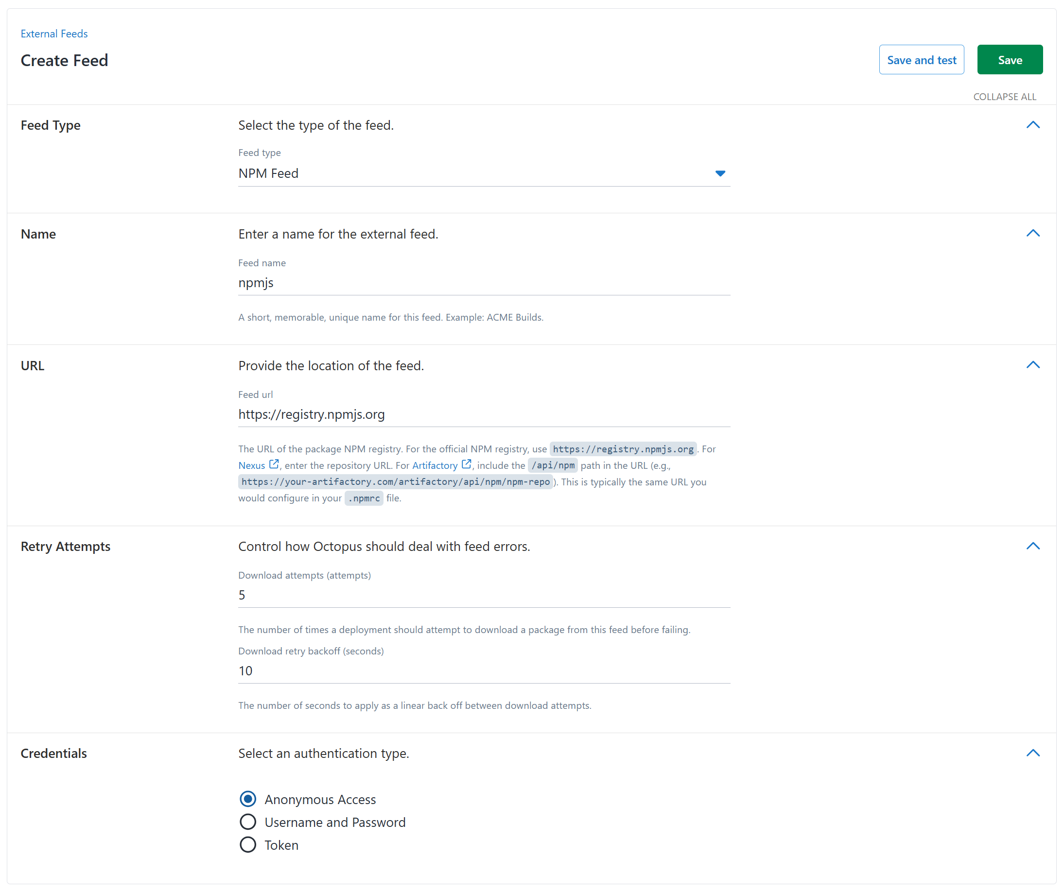 NPM Feed configuration dialog showing feed name, URL, and authentication fields