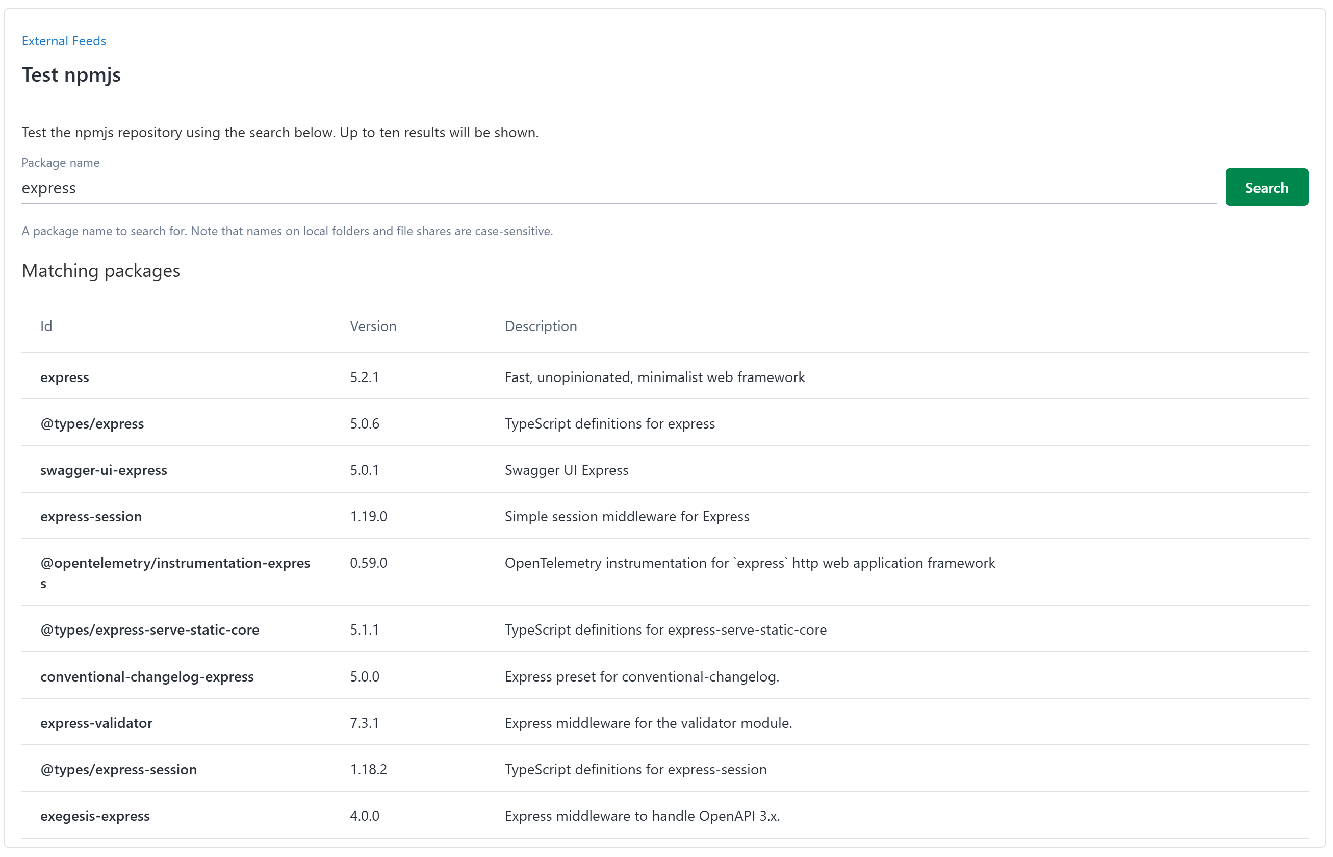 NPM Feed test page displaying search results with package names and versions