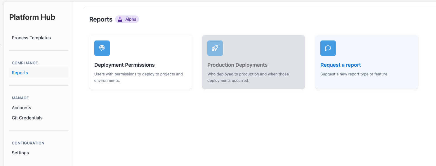 The Compliance reports page where users select a report to run
