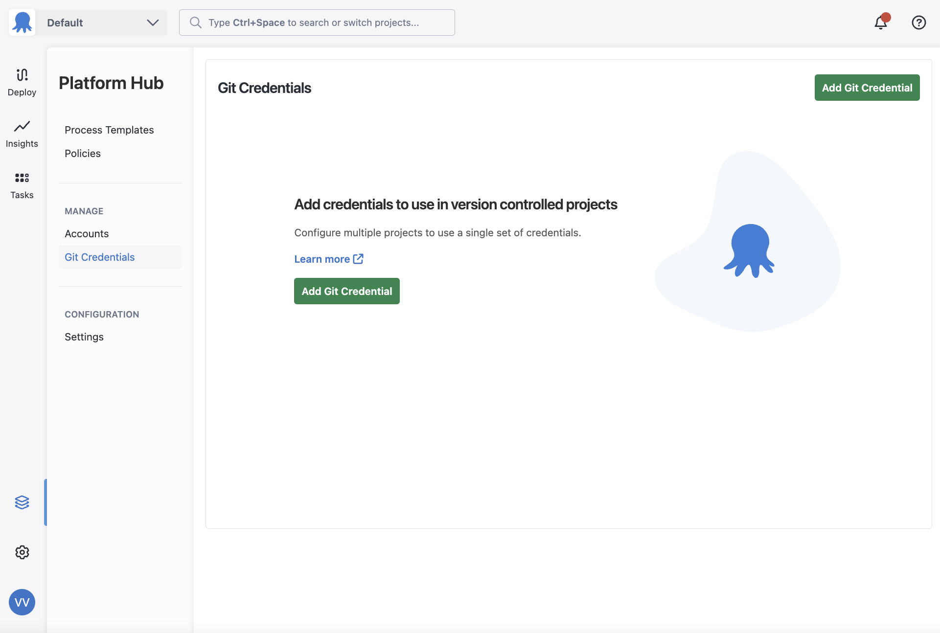 Platform Hub Git credentials area