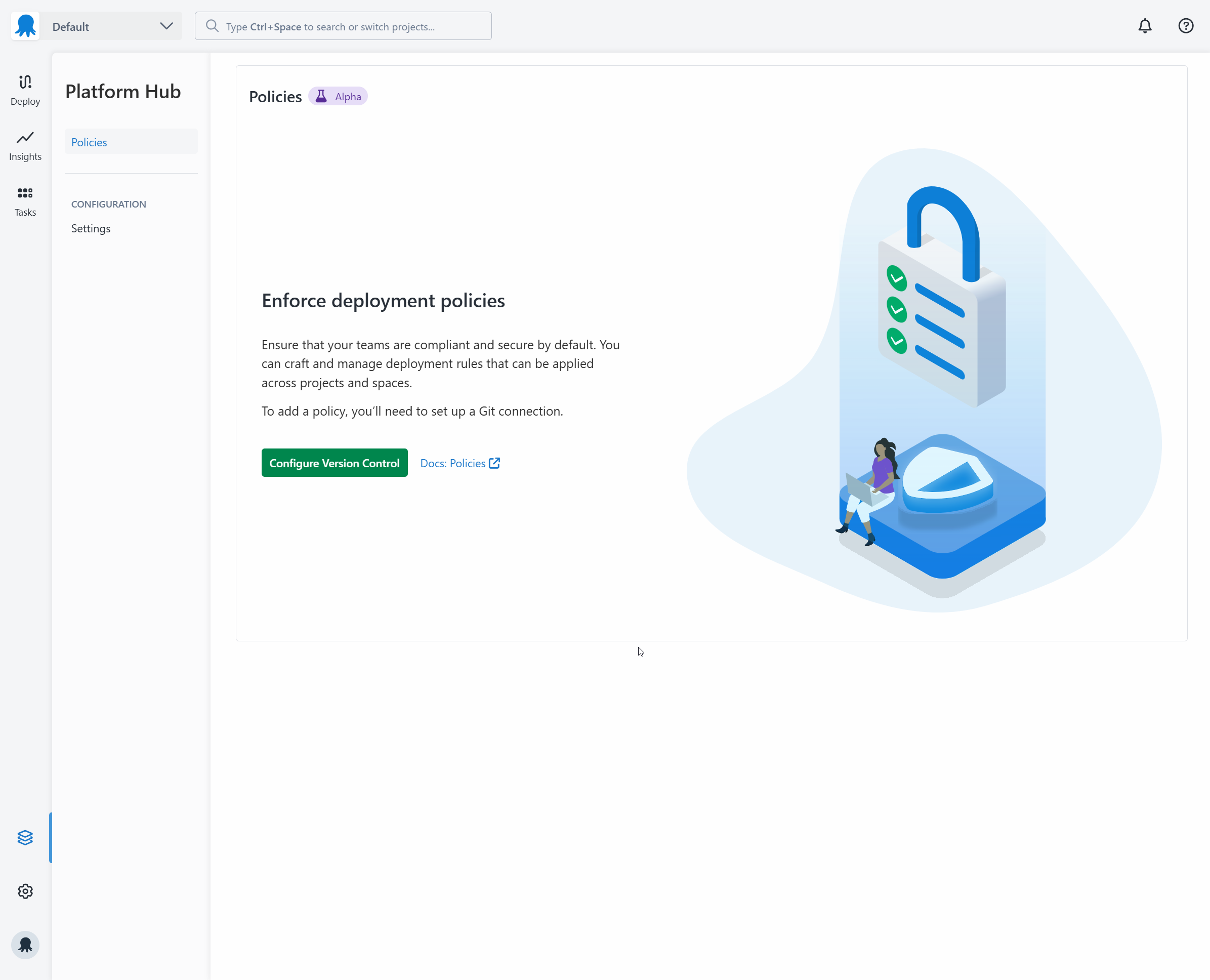 Platform Hub overview screen where Git repository is configured
