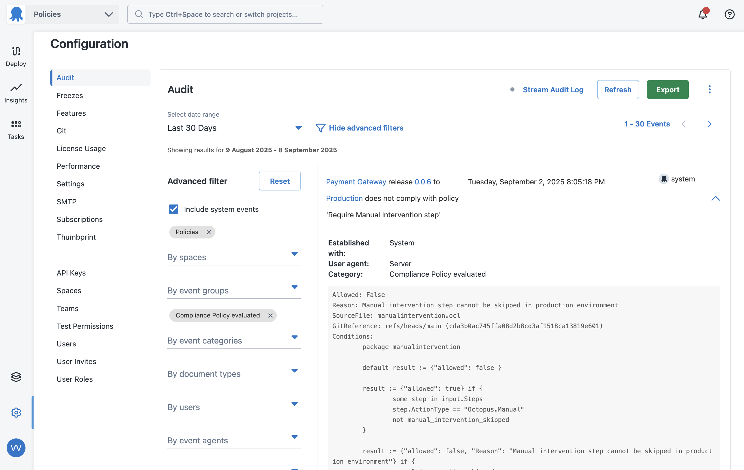 Audit log containing policy evaluation records