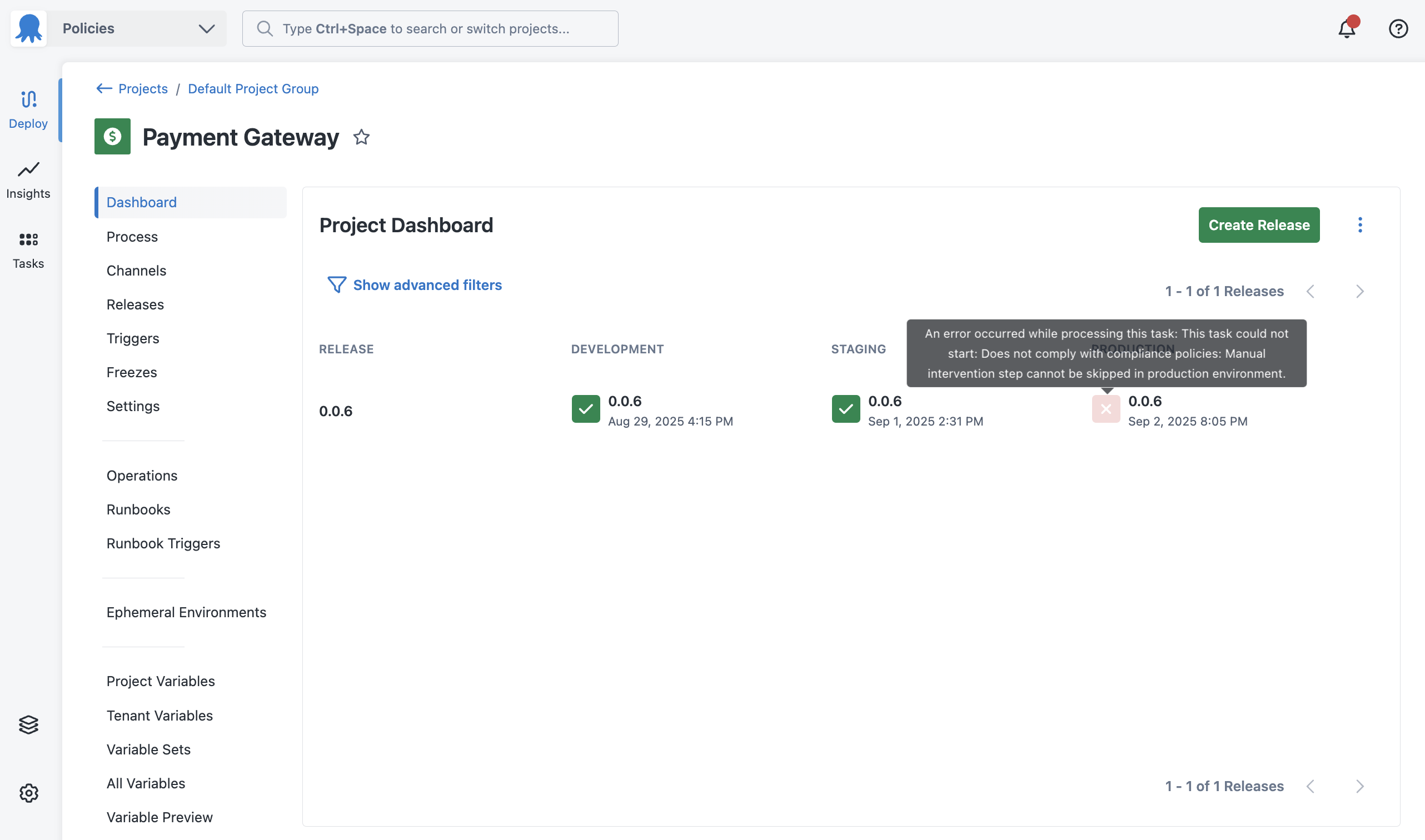 Dashboards showing policy errors