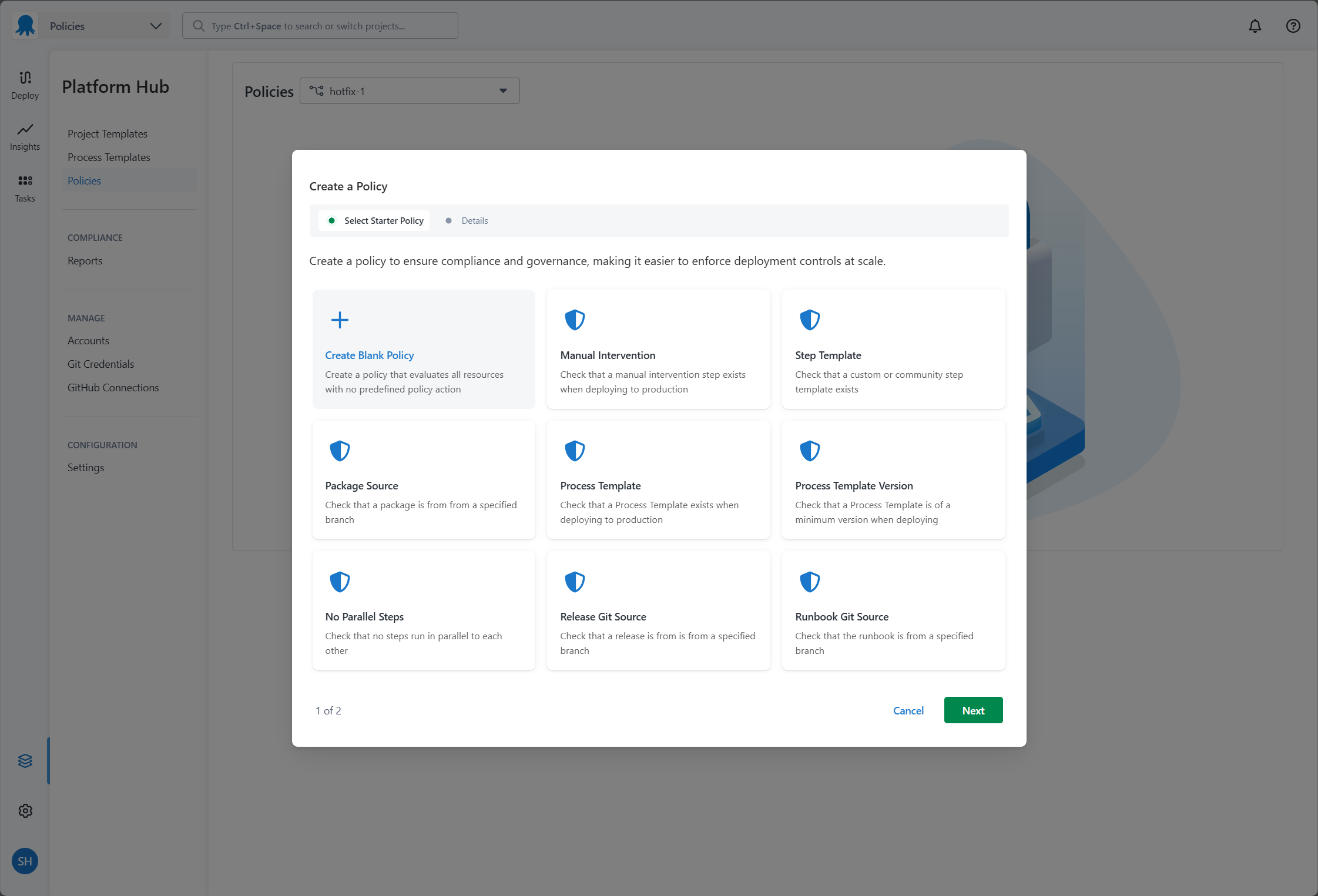 A modal to select a starter policy