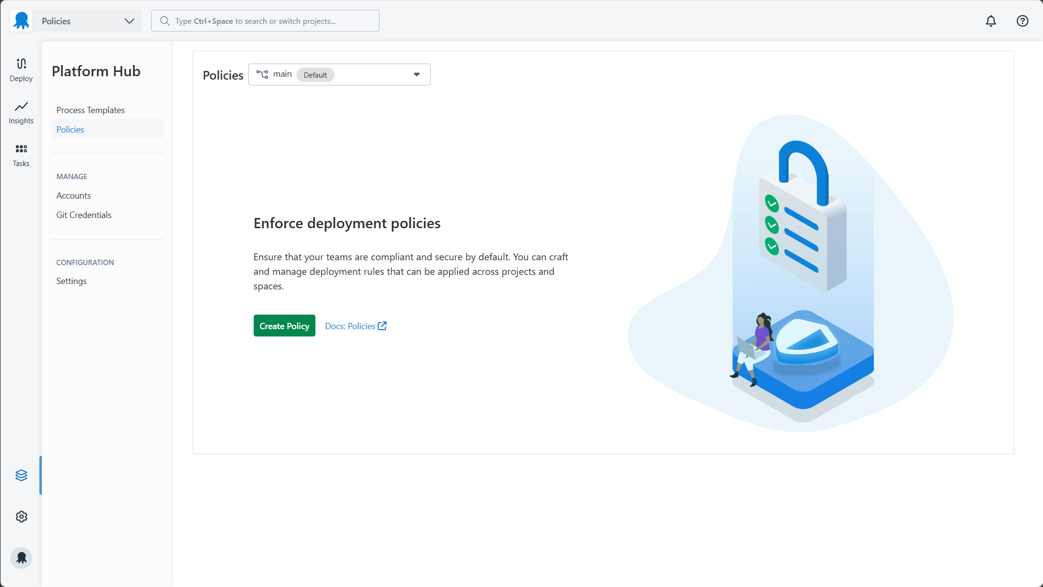 A empty policies list in the Platform Hub