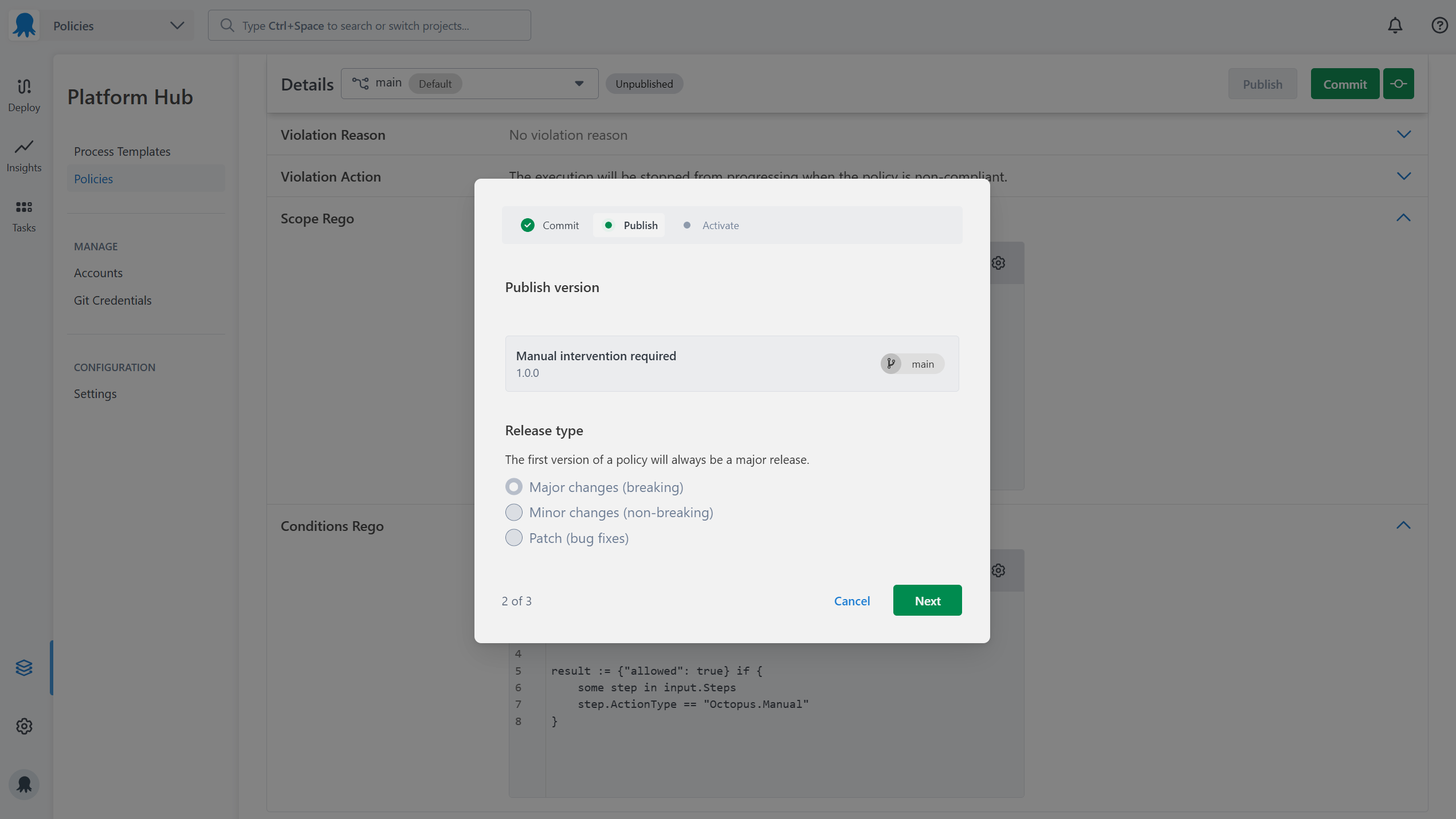 Publish experience for a policy