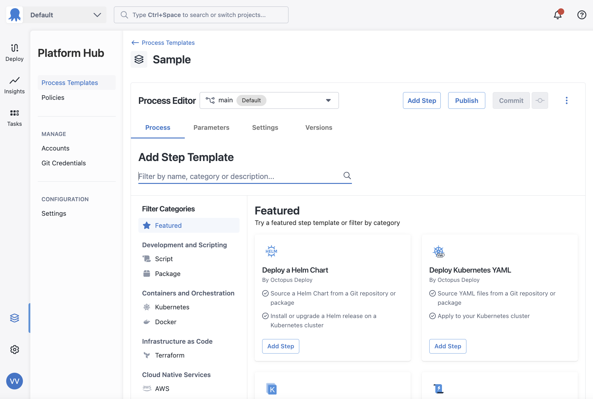The add step experience for a process template