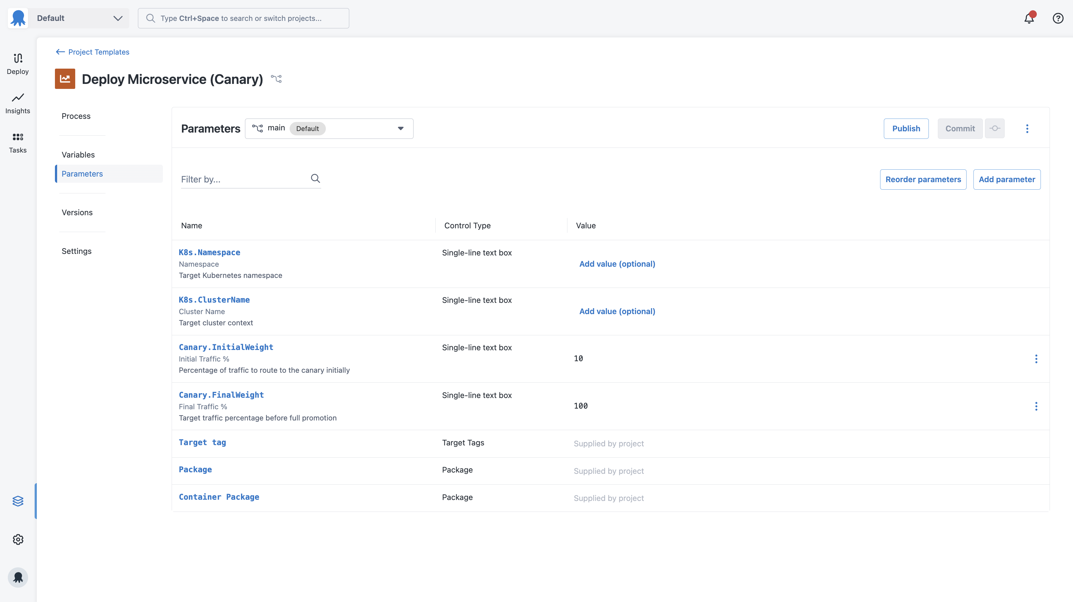 The Parameters tab in a project template