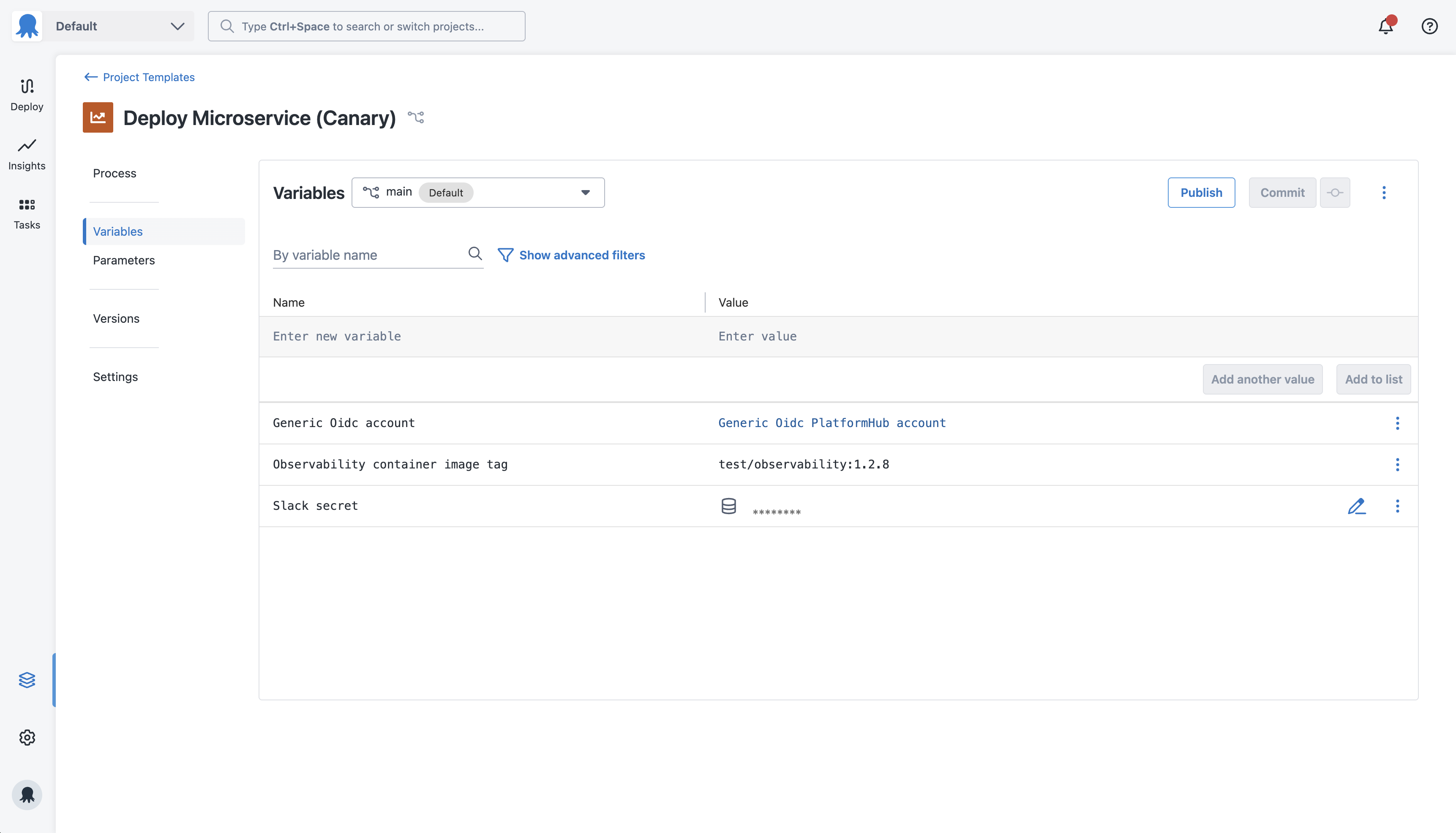 The Variables tab in a project template