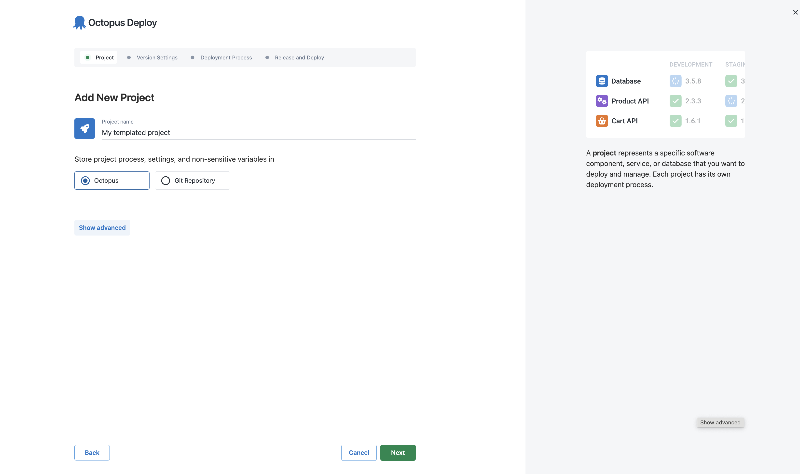 Naming a templated project and choosing storage settings