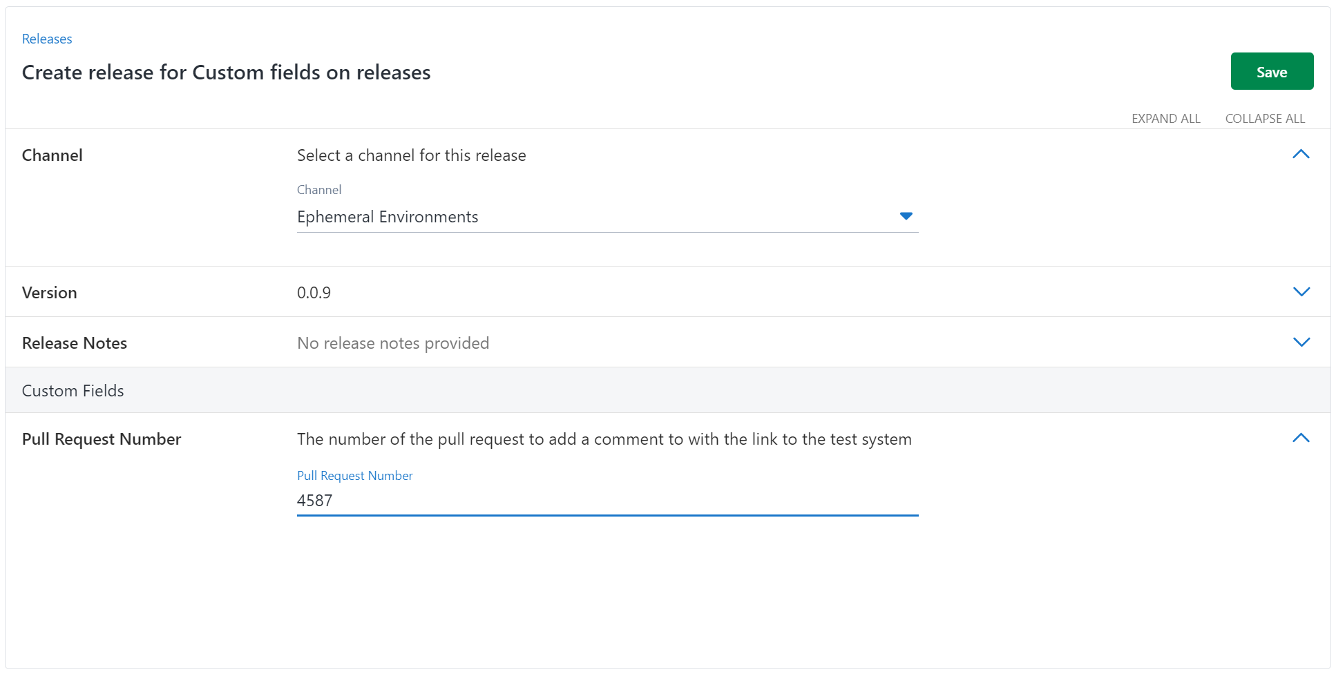 Screenshot of Octopus release page showing entering the value of a custom field for a Pull Request Number