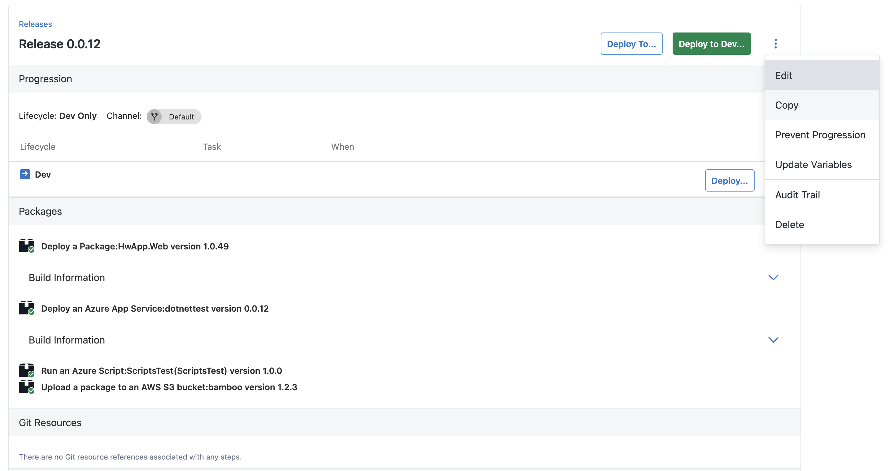 Screenshot of Octopus release page showing new Copy option in the overflow menu
