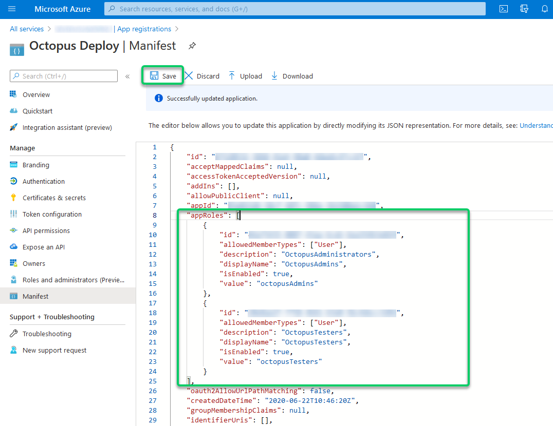 Saving an App registration manifest