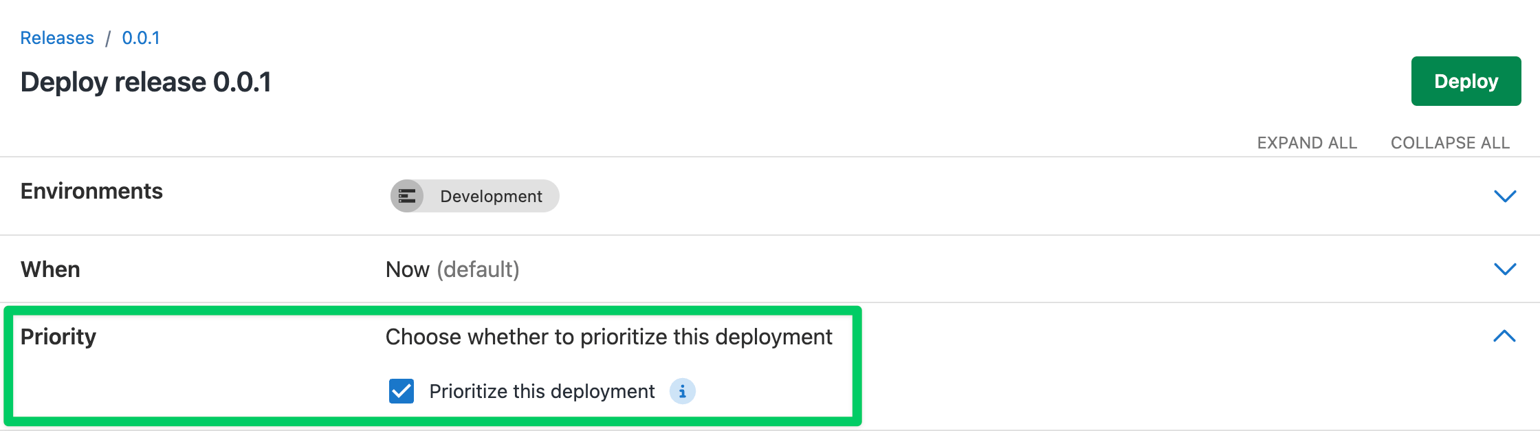 Deploy release page showing the selected 'Prioritize this deployment' checkbox.